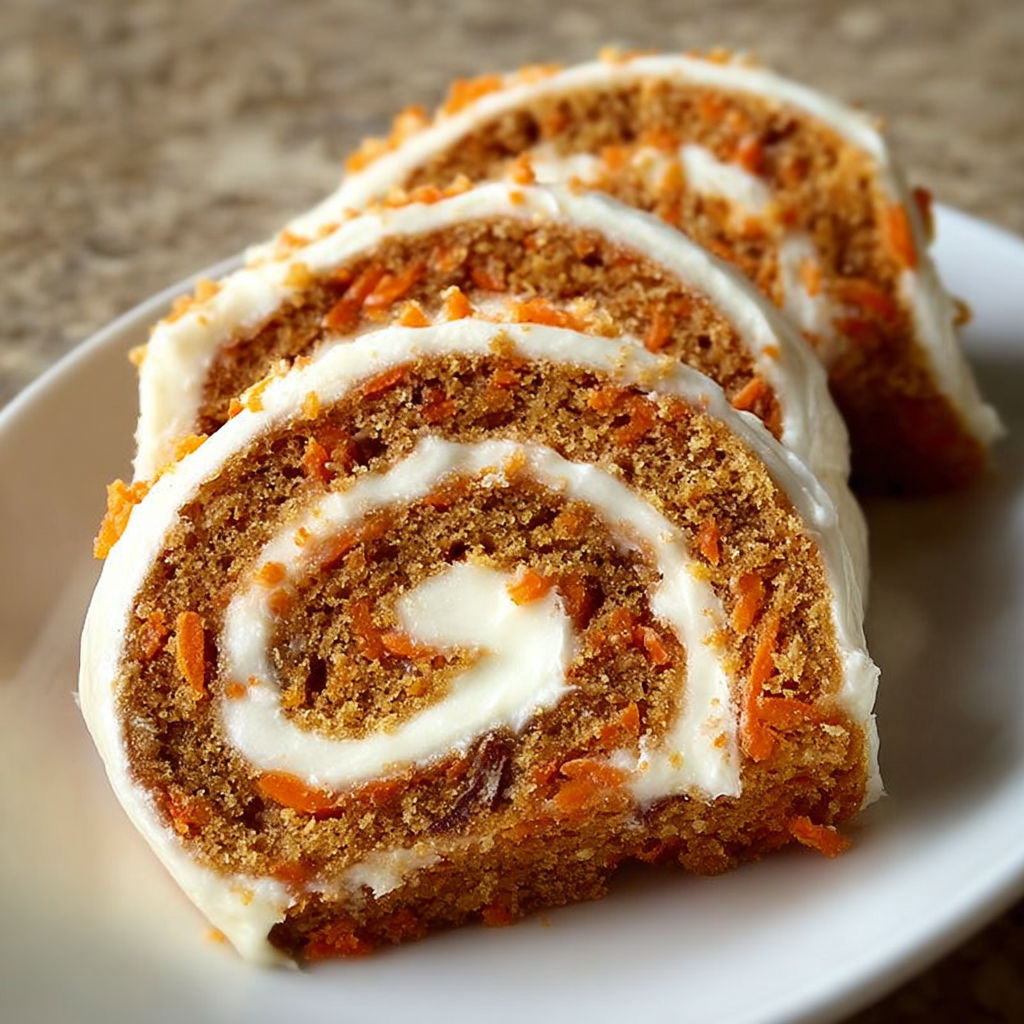 A slice of carrot cake roll on a white plate.