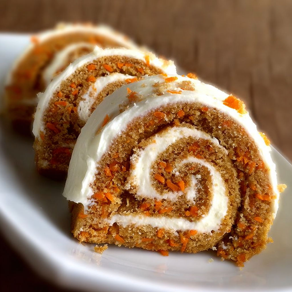 A delicious carrot cake roll recipe is displayed on a white plate.