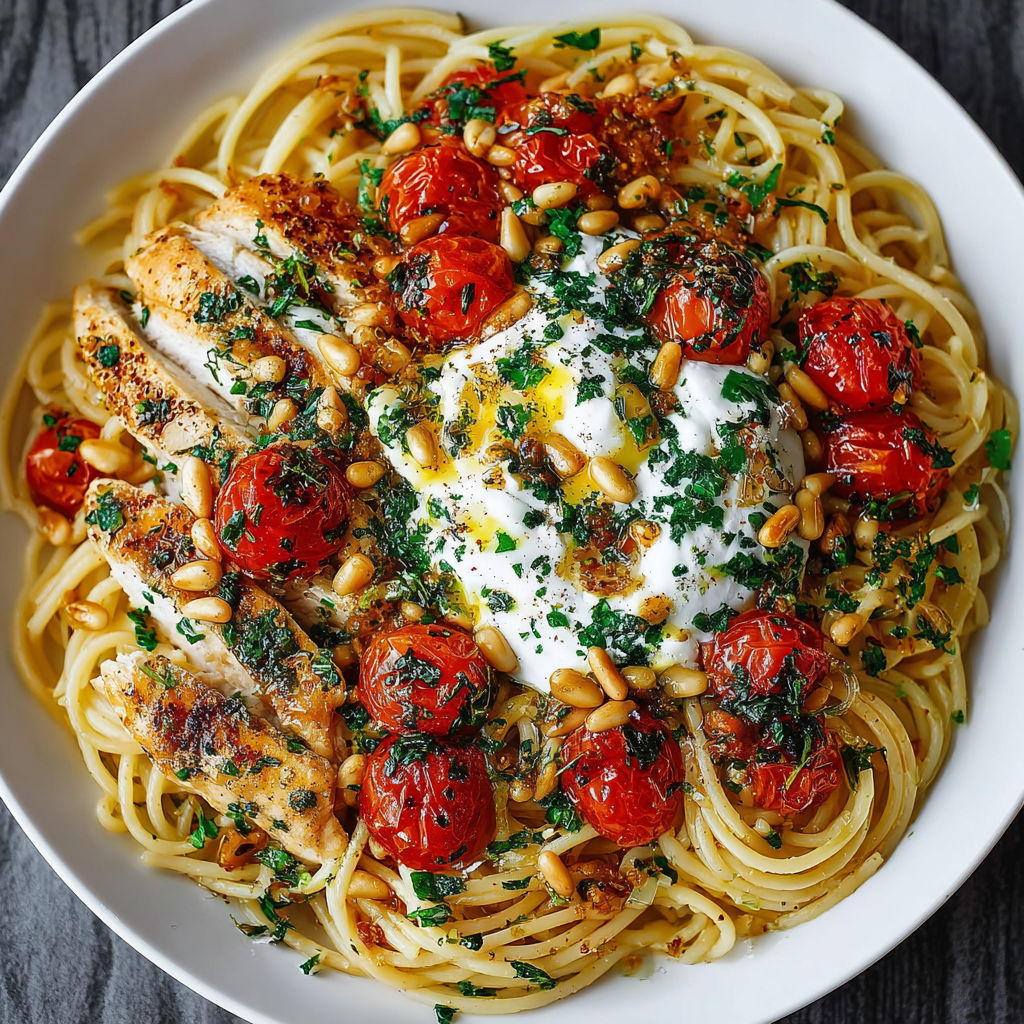 A delicious meal of chicken spaghetti with burrata and lemon butter garlic sauce.