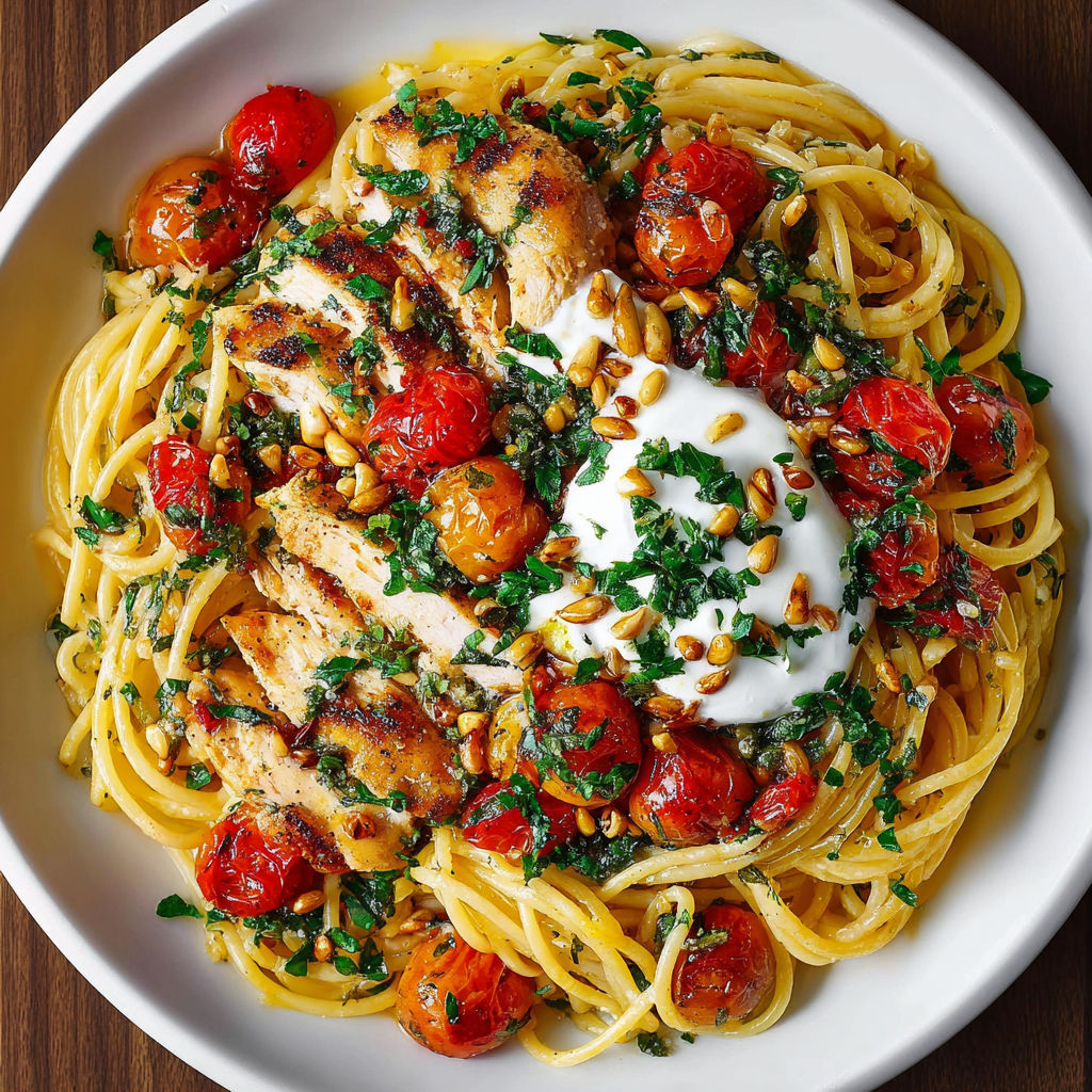 A plate of spaghetti with chicken, tomatoes, and burrata cheese.