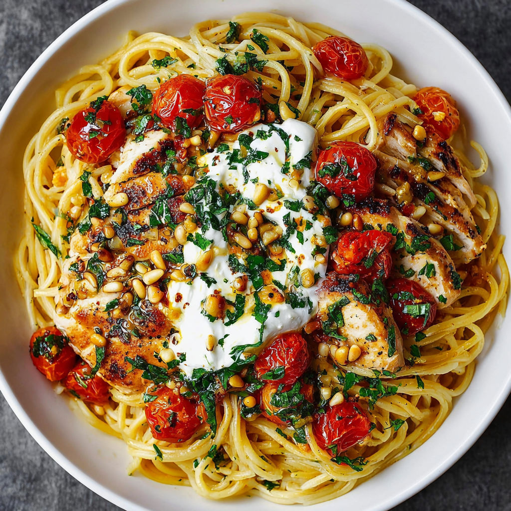 A delicious dish of chicken spaghetti with burrata and lemon butter garlic sauce.