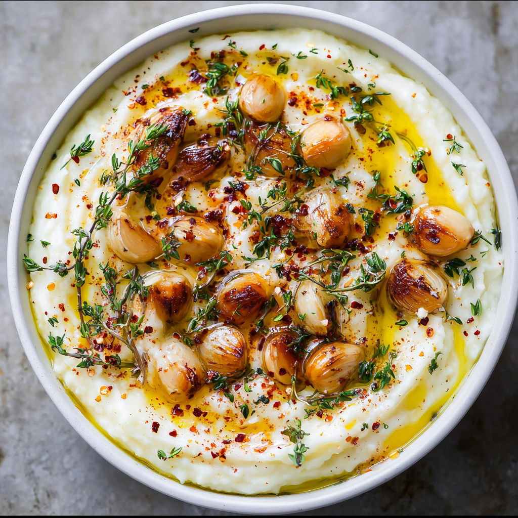 A bowl of mashed potatoes with roasted garlic and herbs.