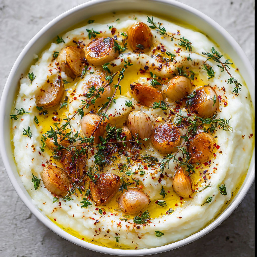 A bowl of potato salad with onions, garlic, and herbs.
