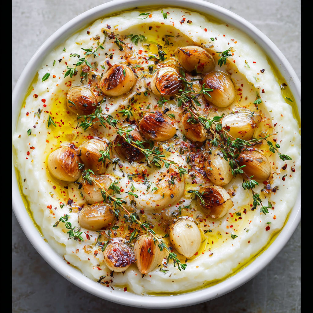 A bowl of food with a white sauce and a variety of vegetables, including garlic, onions, and potatoes.