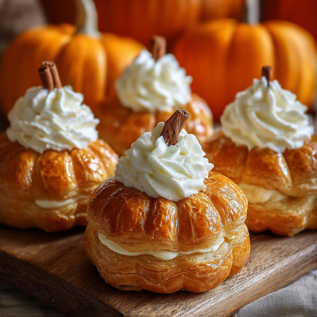 Three crescent pumpkins with cream cheese and pumpkin pie filling, topped with whipped cream.