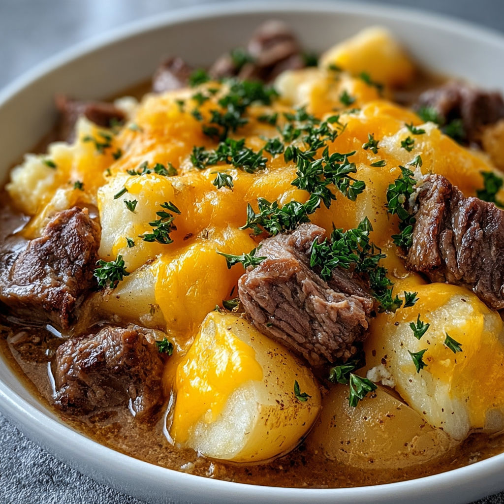 A delicious Slow Cooker Steak and Cheddar Potato Casserole is served in a white bowl.