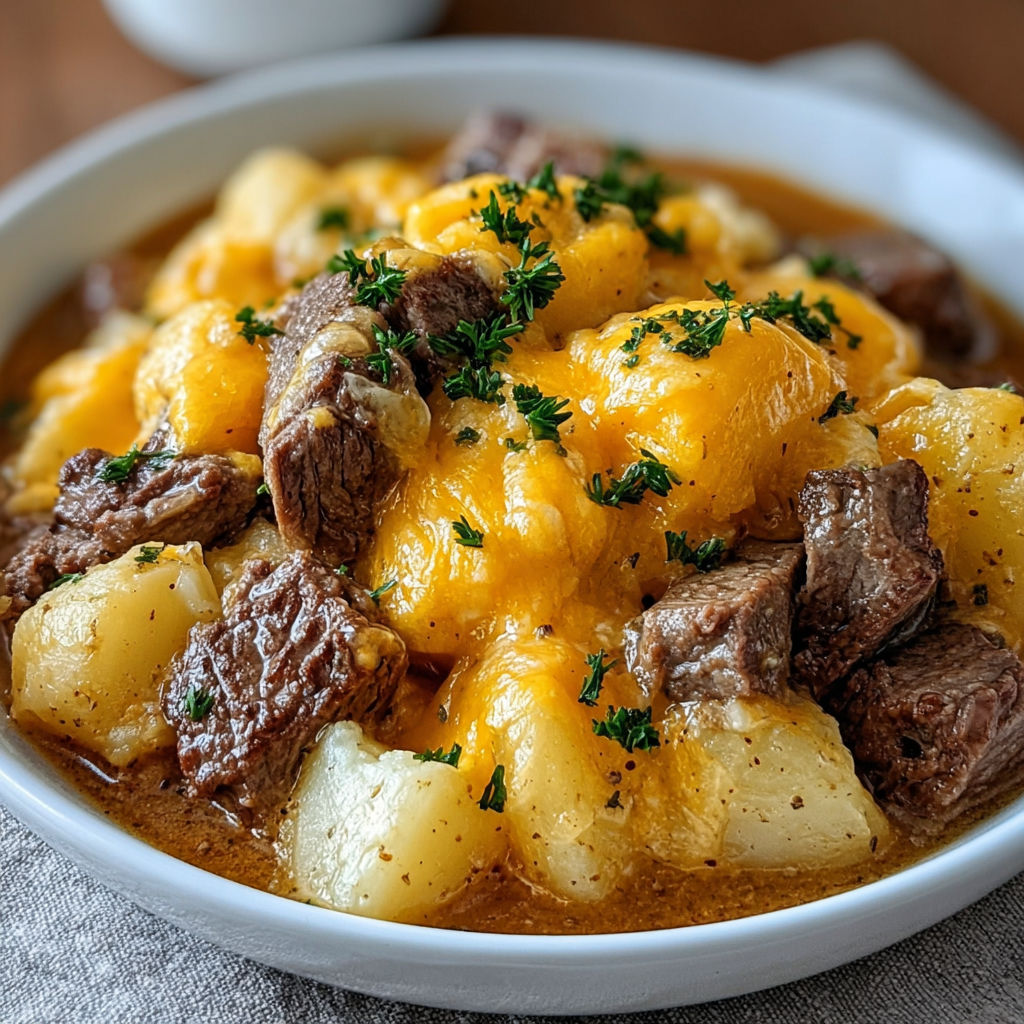 A bowl of stew with meat and potatoes, accompanied by a spoon.