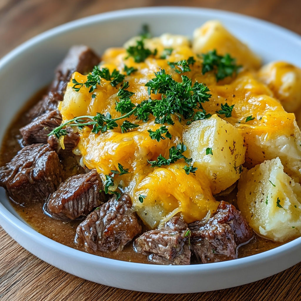 A bowl of beef stew with potatoes, onions, and herbs.