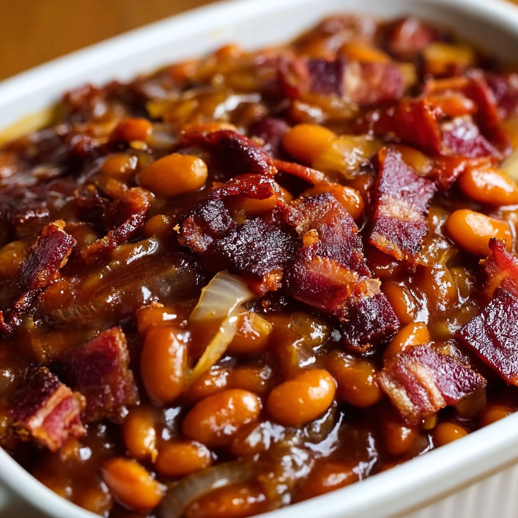 A white bowl filled with a delicious bacon and bean stew.