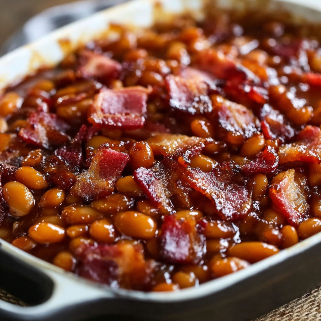 A dish of beans and bacon, likely a bean and bacon stew, is served in a white bowl.