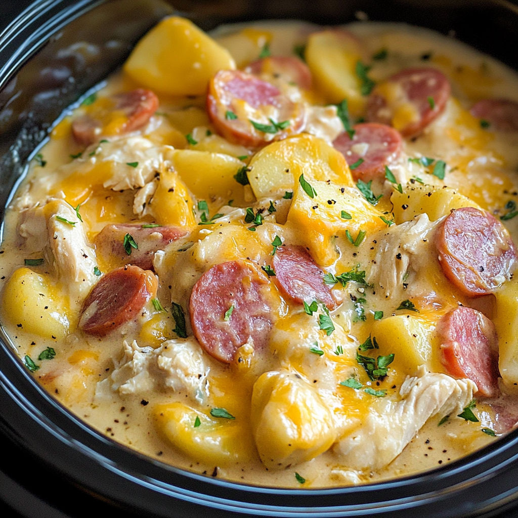 A delicious crockpot cheesy chicken sausage casserole with a variety of ingredients.