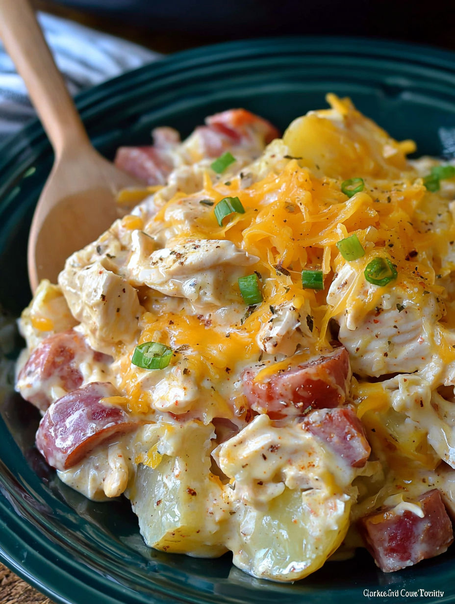 A delicious meal of chicken and potatoes with cheese and green onions.