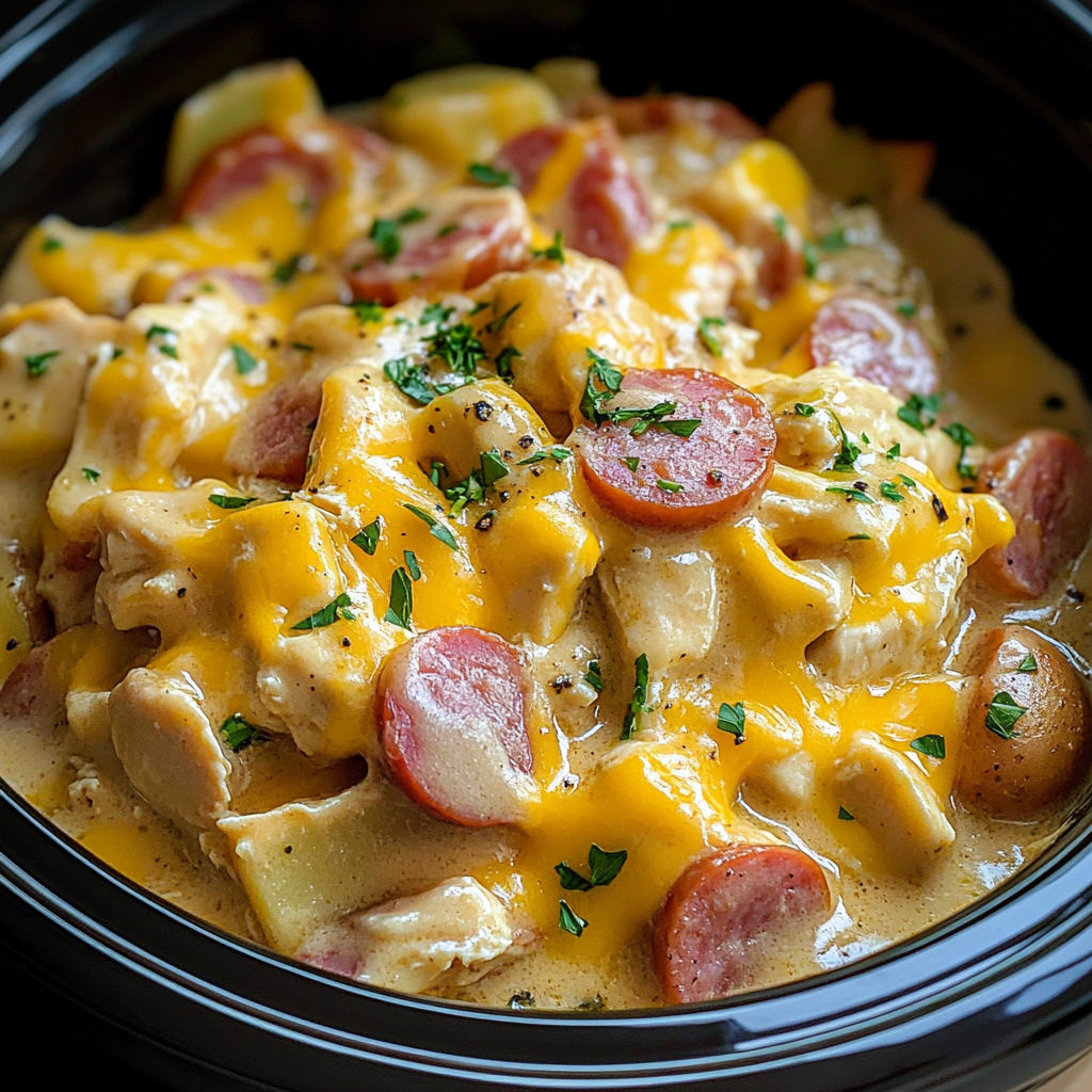 A bowl of chicken and sausage with a side of potatoes.