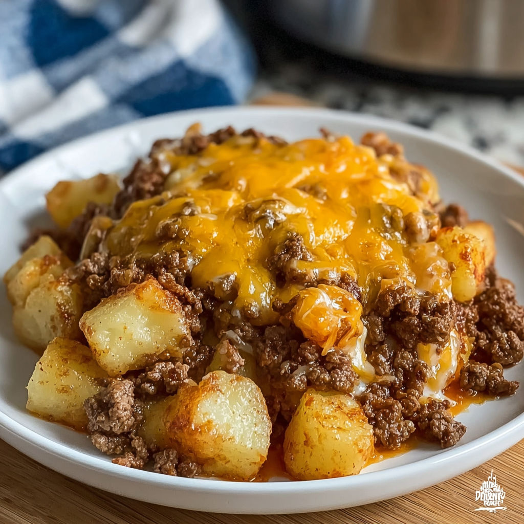 A white plate with a delicious casserole of ground beef, cheese, and potatoes.