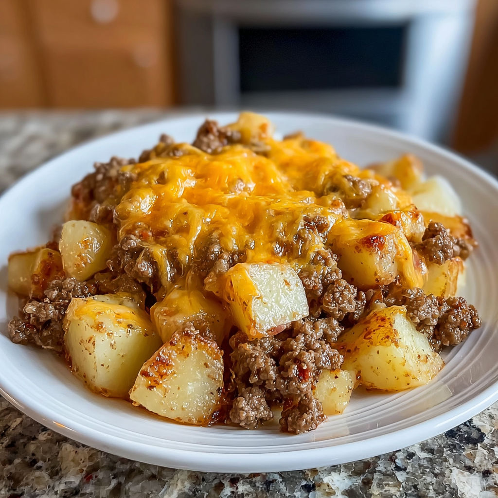 A plate of food with the name "Cheesy Meat and Potato Casserole" written on it.