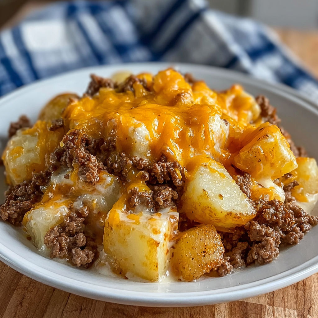 A white plate filled with a delicious meal, including meat and potatoes, is placed on a wooden table.
