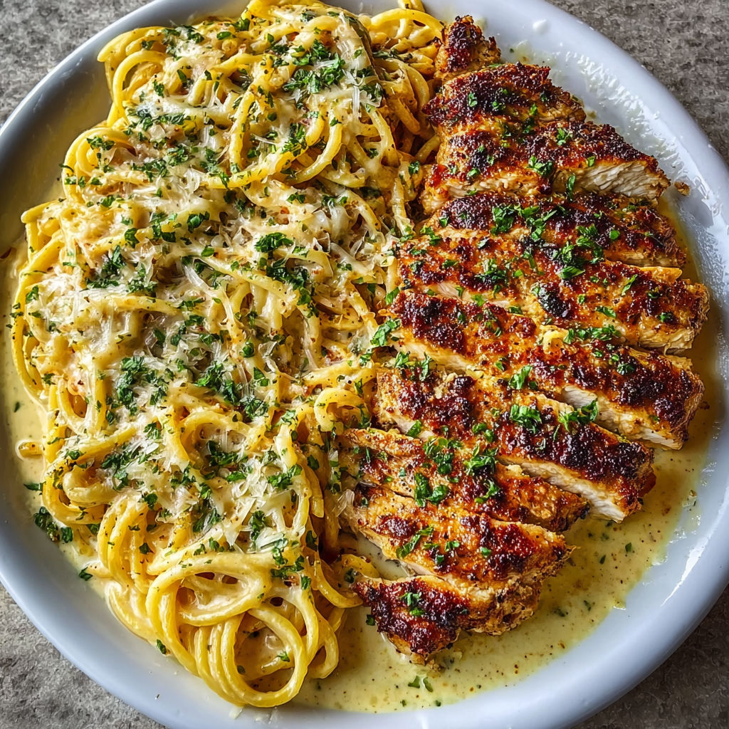 A plate of Garlic Parmesan Chicken Spaghetti in Spicy Cajun Cream Sauce.