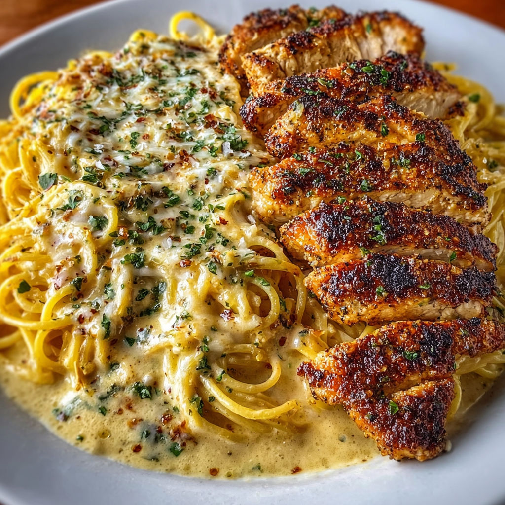 A plate of spaghetti with chicken and garlic Parmesan sauce.