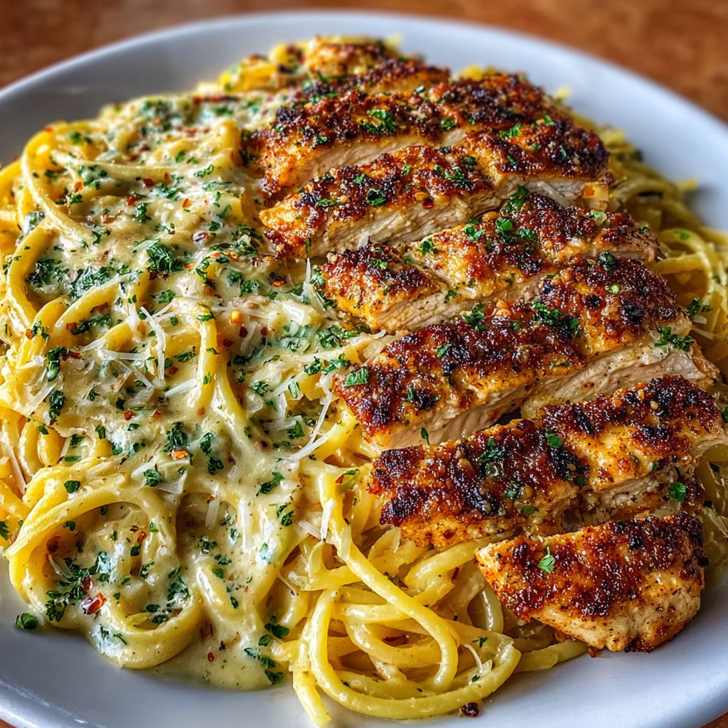 A plate of spaghetti with chicken and garlic Parmesan sauce.
