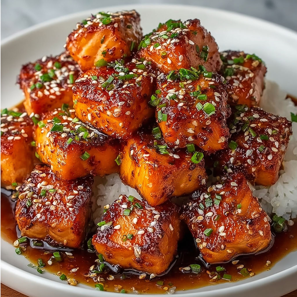 A plate of Honey Garlic Salmon Bites with rice and sauce.