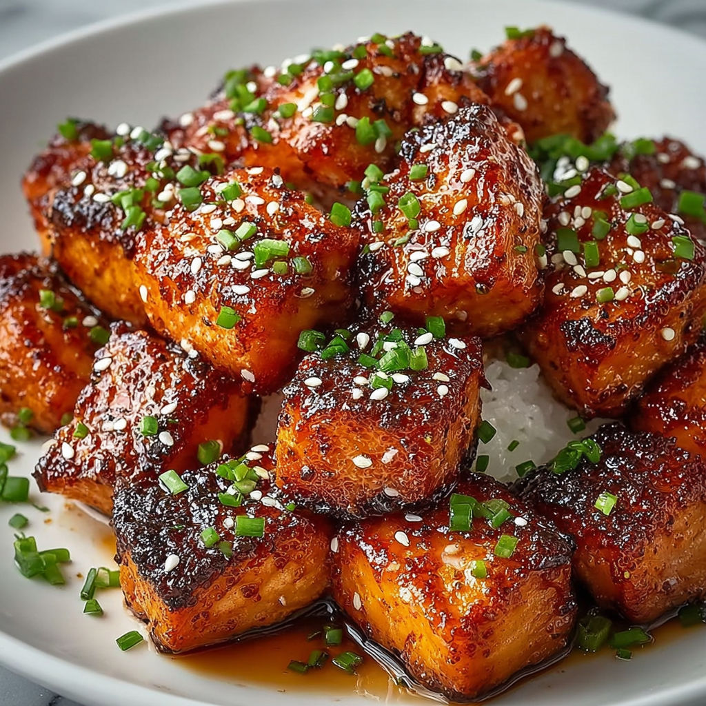 A plate of Honey Garlic Salmon Bites is served on a dining table.