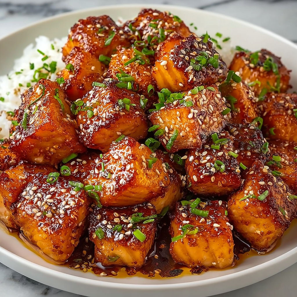 A plate of honey garlic salmon bites with rice and green onions.