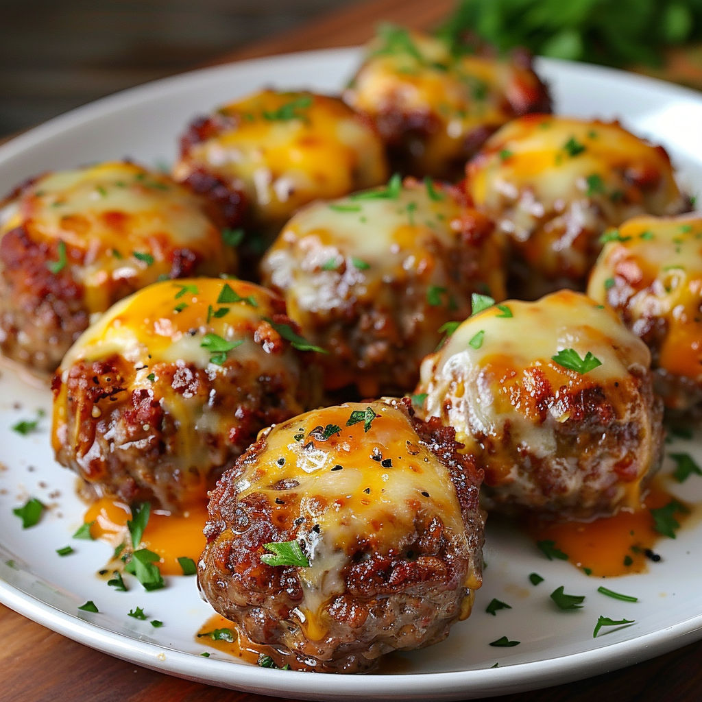A plate of delicious cheesy stuffed meatloaf bites.