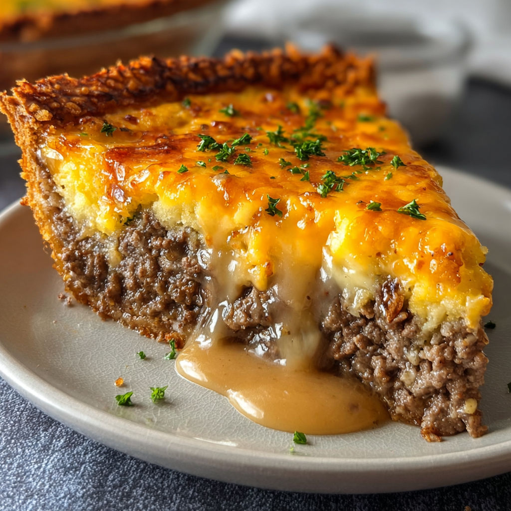A slice of Southern Style Cheeseburger Pie is served on a white plate with a drizzle of sauce.