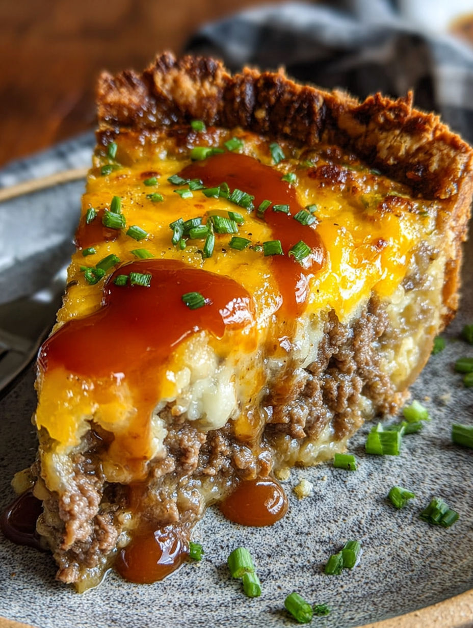A slice of beef and cheese pie with a drizzle of sauce on top.