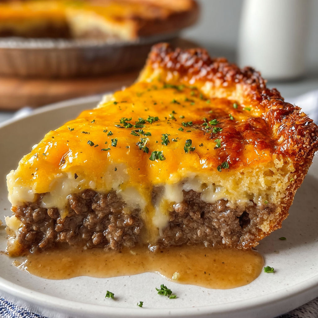A slice of meat pie with cheese and herbs on a white plate.