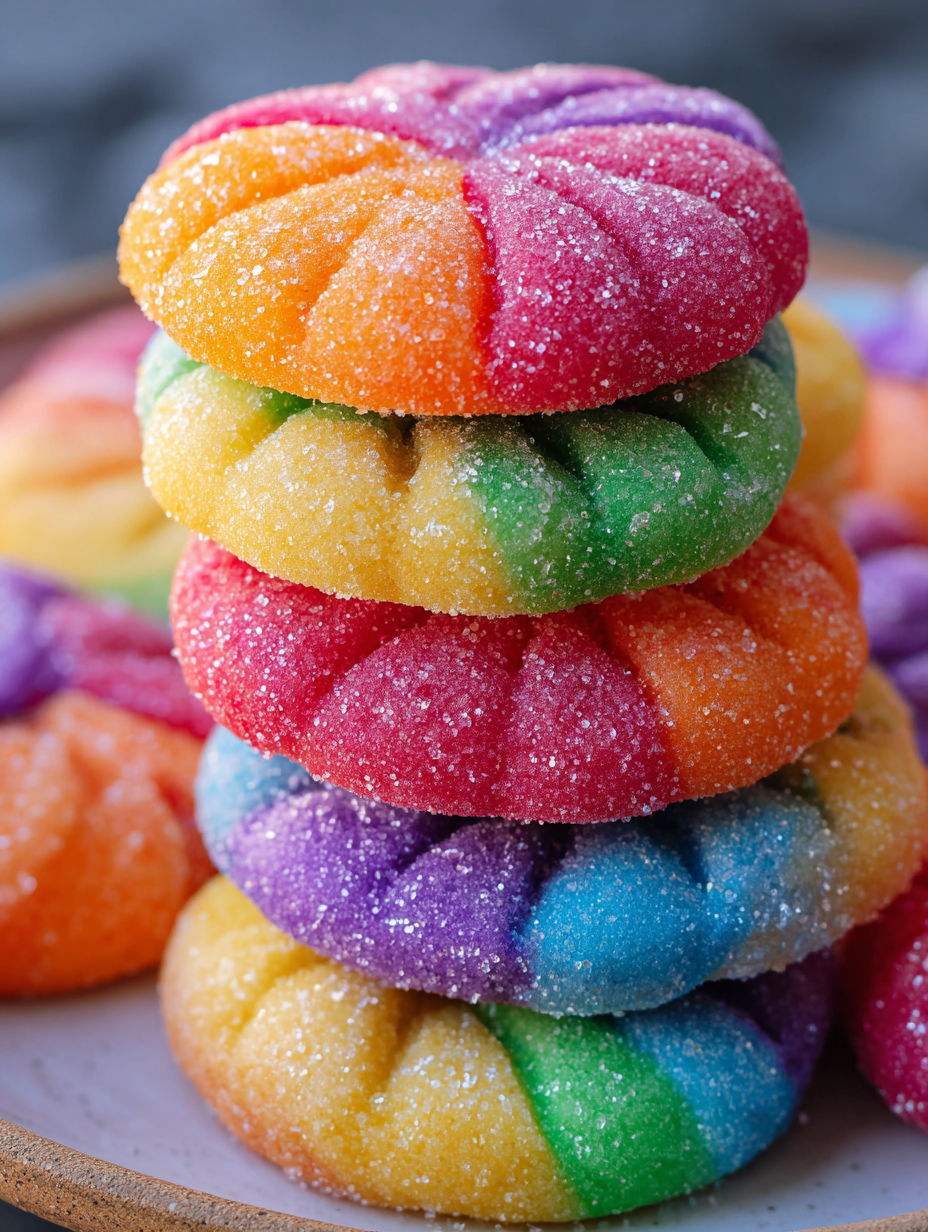 A stack of colorful, rainbow-colored donuts with sprinkles on top.