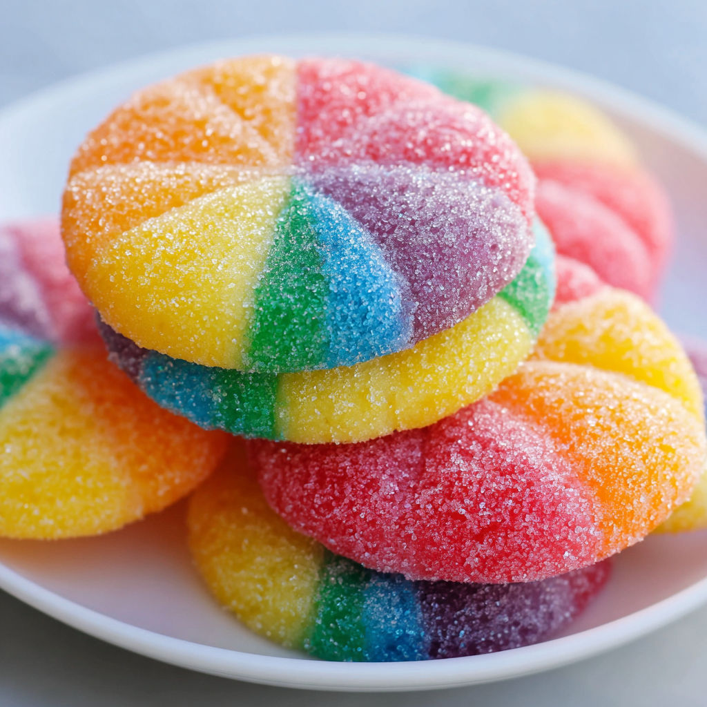 A plate of colorful, rainbow-colored cookies with a white plate beneath them.