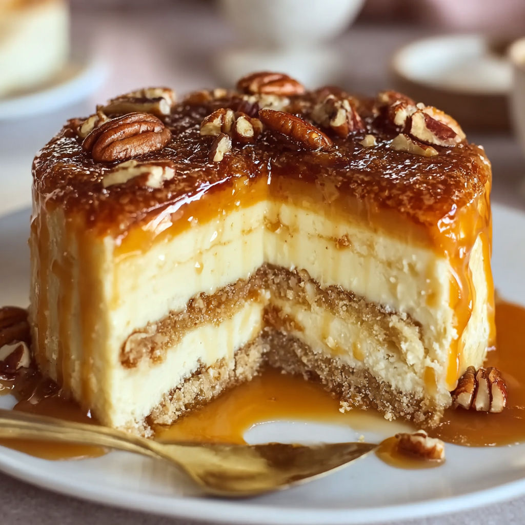 A slice of Crème Brûlée Caramel Pecan Cake is served on a plate with a spoon.