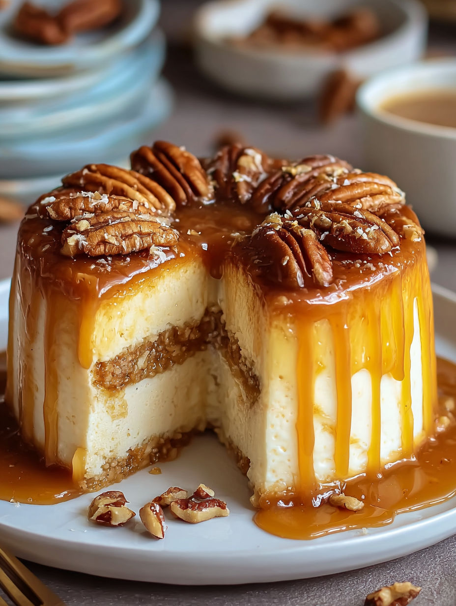 A slice of pecan pie with a drizzle of caramel sauce on top.