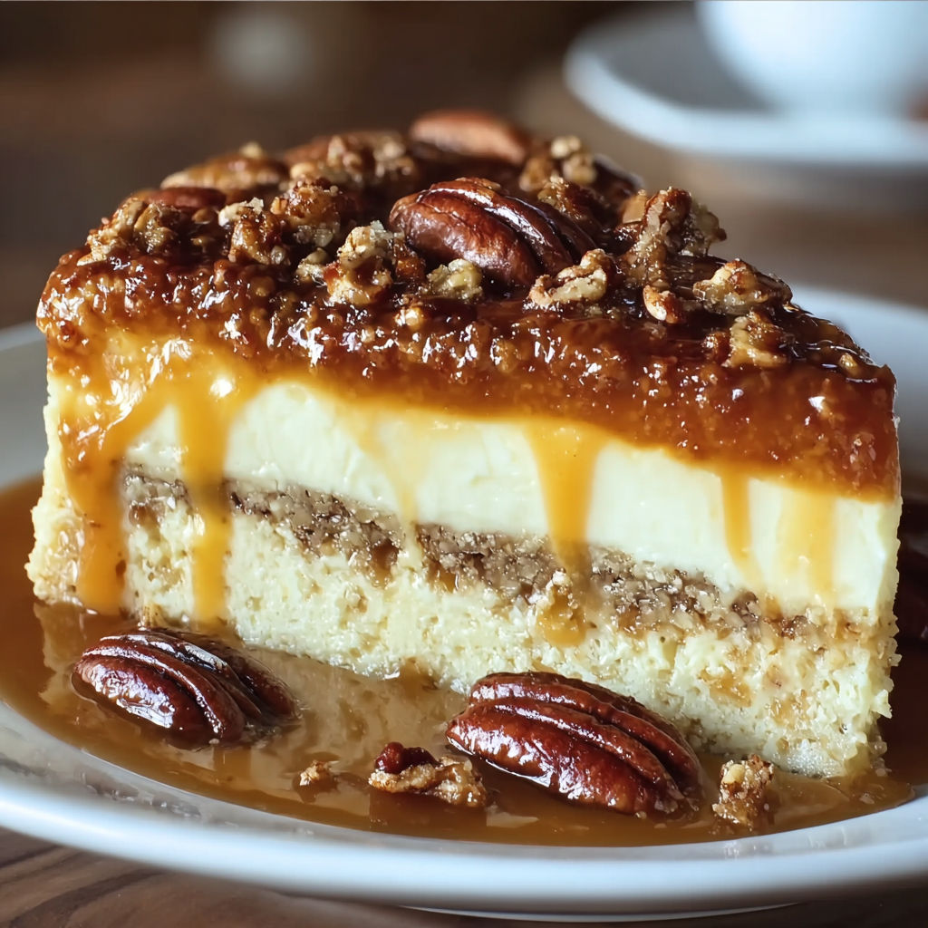 A slice of pecan pie with a drizzle of caramel sauce on top.