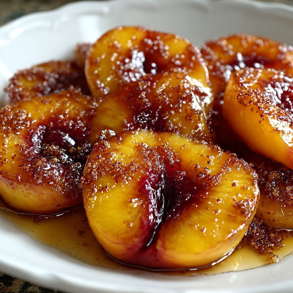 A plate of Southern Fried Peaches with a glaze on top.