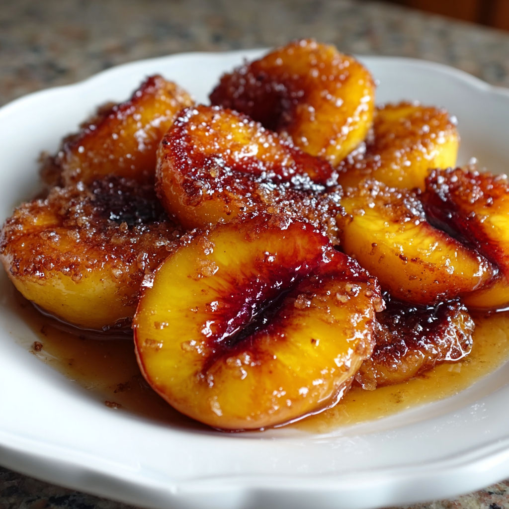 A plate of delicious peaches covered in sugar and caramel.