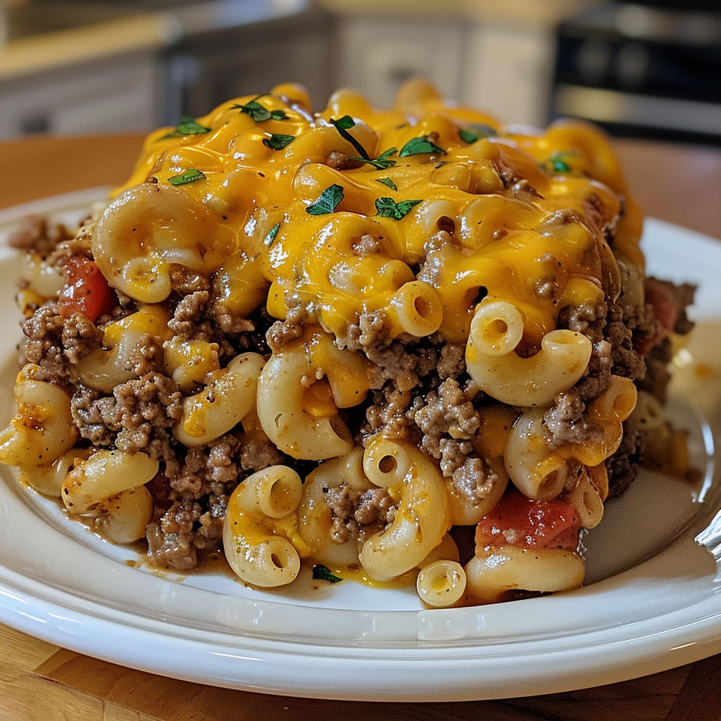 A plate of Hamburger Helper Delight, a savory homemade dish, is presented on a wooden table.
