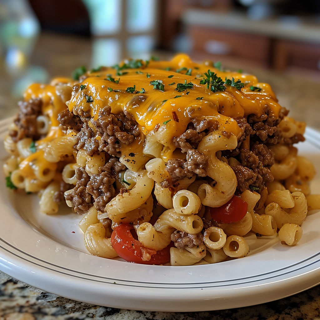 A plate of Hamburger Helper Delight, featuring a delicious combination of pasta and meat, is presented on a dining table.