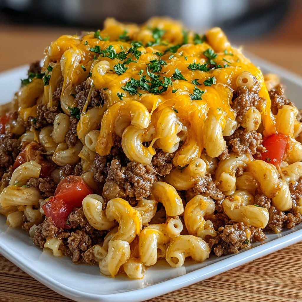A plate of Hamburger Helper Delight, a savory homemade dish, is presented on a wooden table.