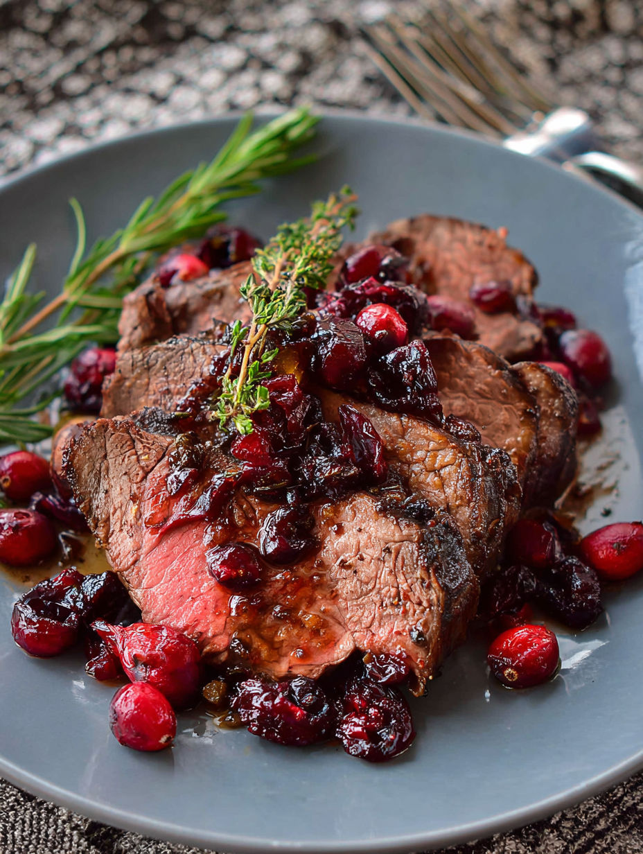 A plate of meat with a sprig of rosemary and cranberries on top, accompanied by a fork.