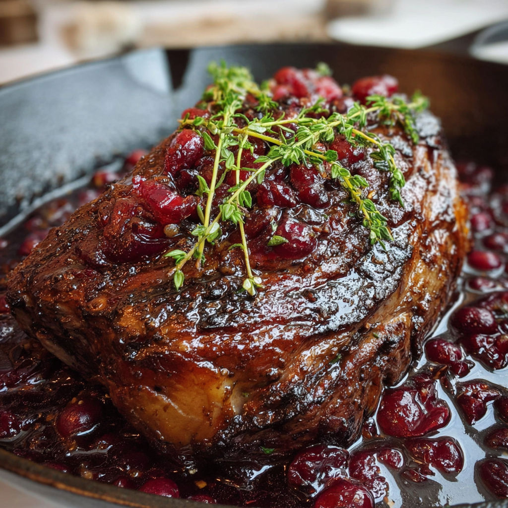 A delicious roast with a generous amount of cranberries and herbs, ready to be cooked in a cast iron skillet.