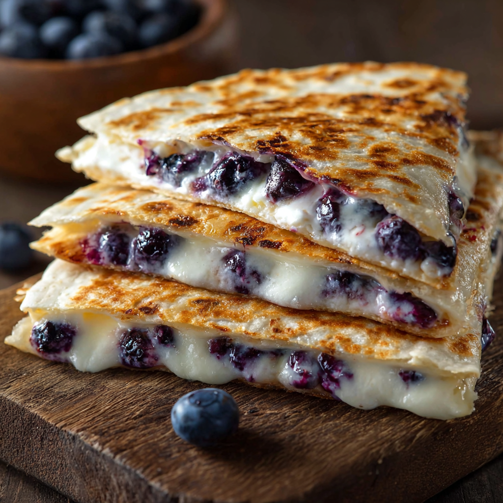 A stack of three blueberry cream cheese quesadillas on a wooden cutting board.