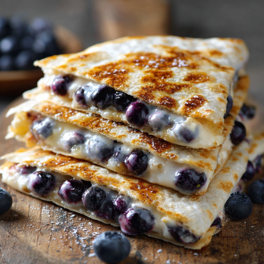 A stack of blueberry and cheese quesadillas on a wooden cutting board.