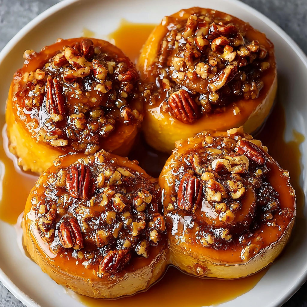 Three pieces of Spiced Pumpkin Pecan Sticky Buns on a white plate.
