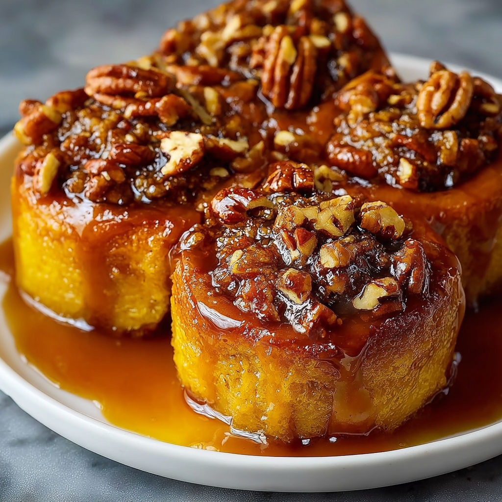 A plate of pecan cake slices with a syrup glaze.
