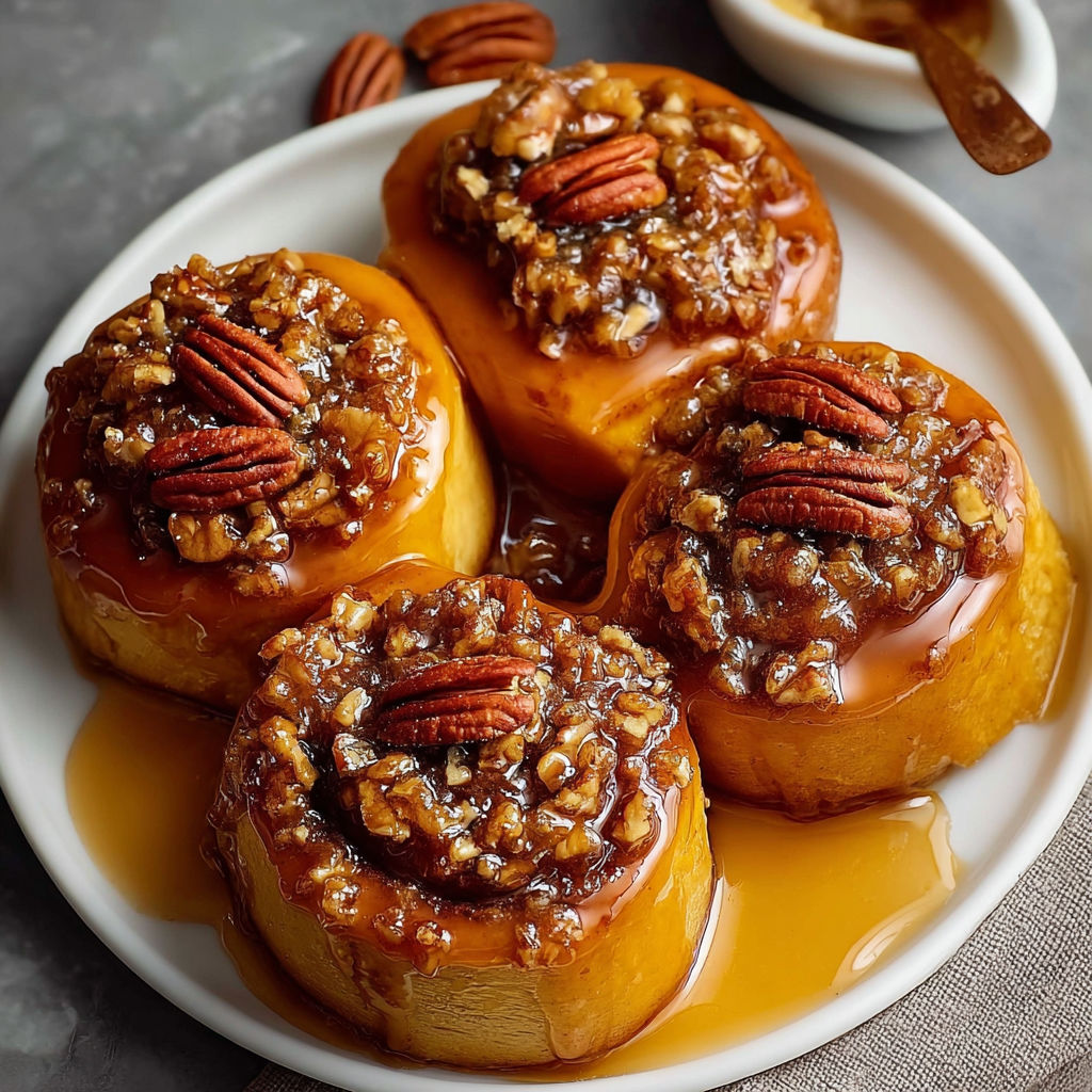 A plate of three pecan rolls with a drizzle of caramel sauce on top.