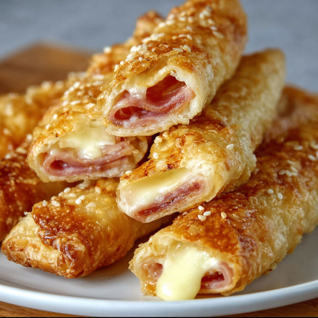 A plate of ham and cheese sticks, a delicious and easy-to-make appetizer.