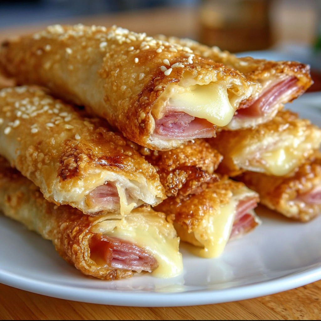 A plate of ham and cheese sticks, a popular appetizer or snack.