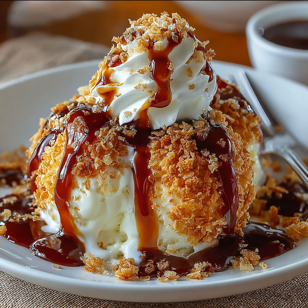 A delicious dessert made of fried ice cream, topped with whipped cream and chocolate sauce.